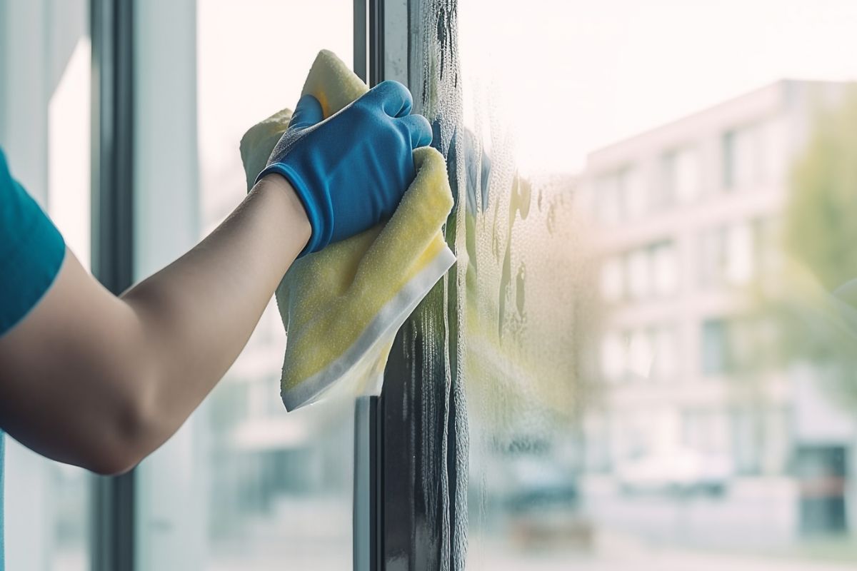 An individual using a rag to clean a window, enhancing visibility and cleanliness.