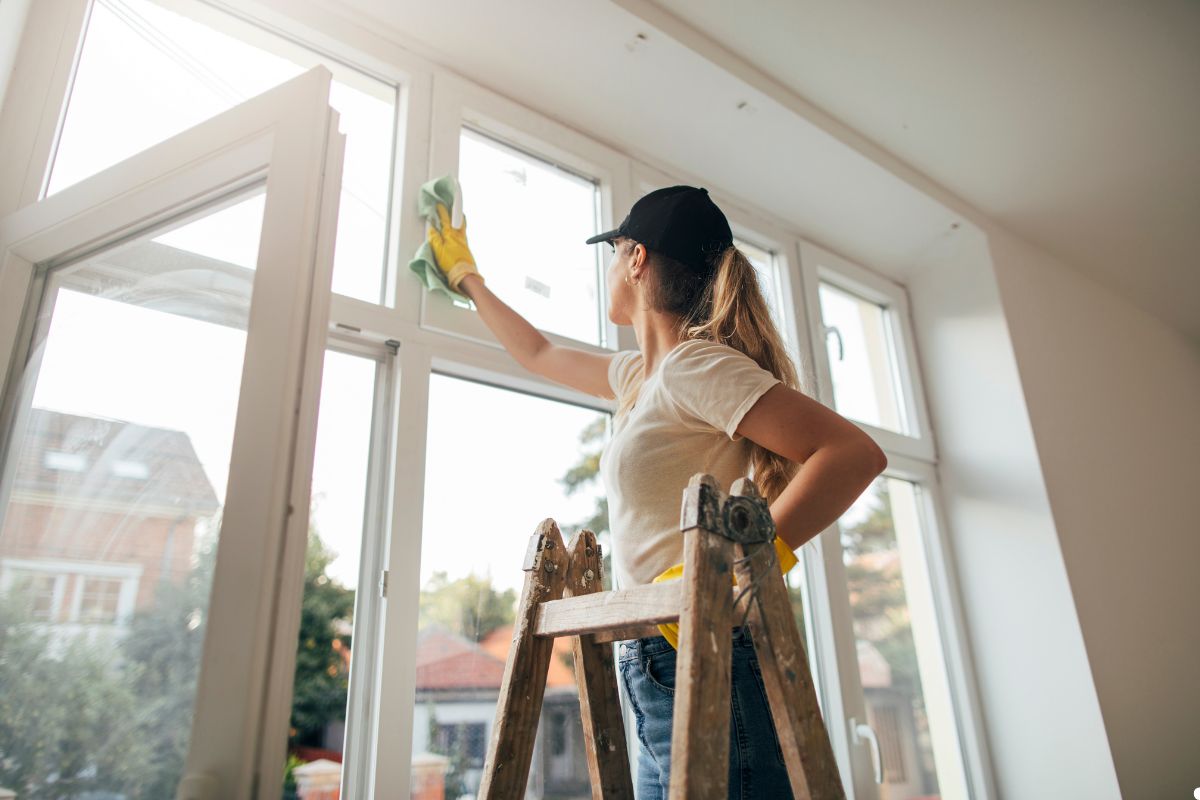 A woman using a ladder to clean windows, demonstrating a focused and diligent approach to her task. 
